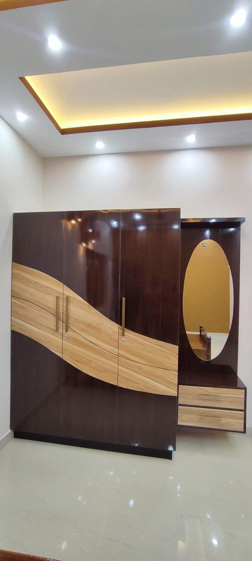 Glossy Walnut Wave Wardrobe
